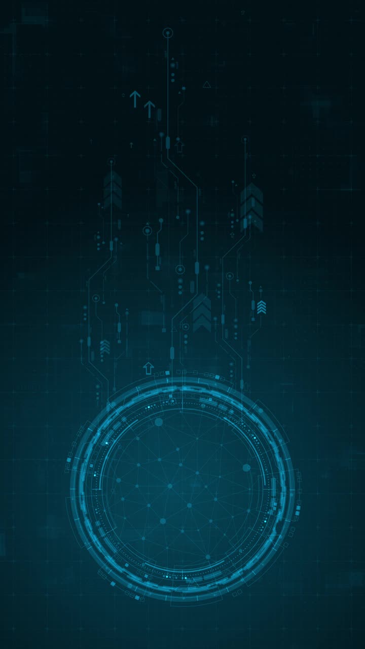 动态图形蓝色数字货币标志与旋转HUD UI圆形技术界面和未来主义元素抽象背景加密货币金融和数字货币概念垂直视频视频素材