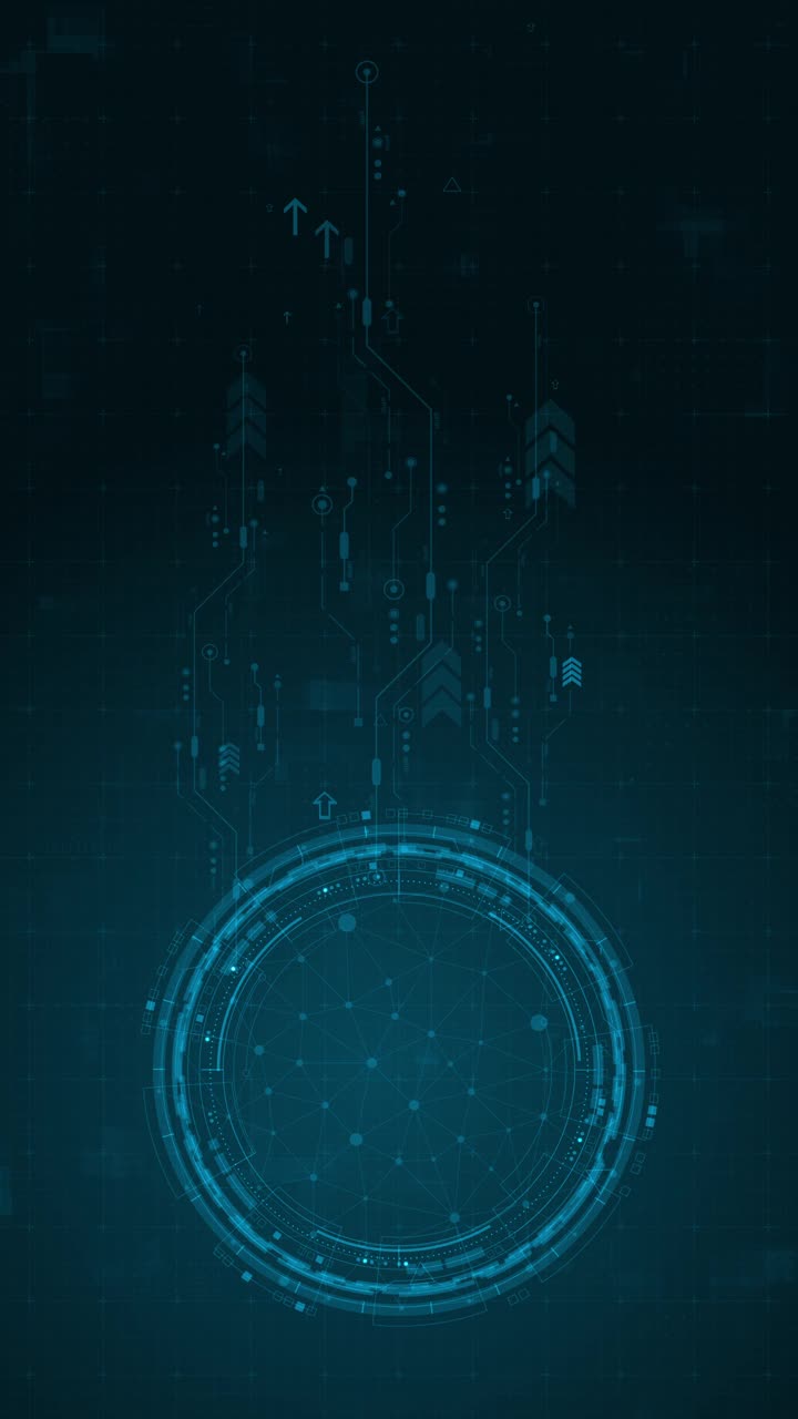 动态图形蓝色数字货币标志与旋转HUD UI圆形技术界面和未来主义元素抽象背景加密货币金融和数字货币概念垂直视频视频素材