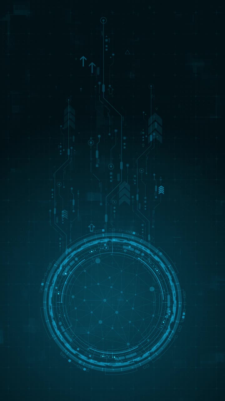 动态图形蓝色数字货币标志与旋转HUD UI圆形技术界面和未来主义元素抽象背景加密货币金融和数字货币概念垂直视频视频素材