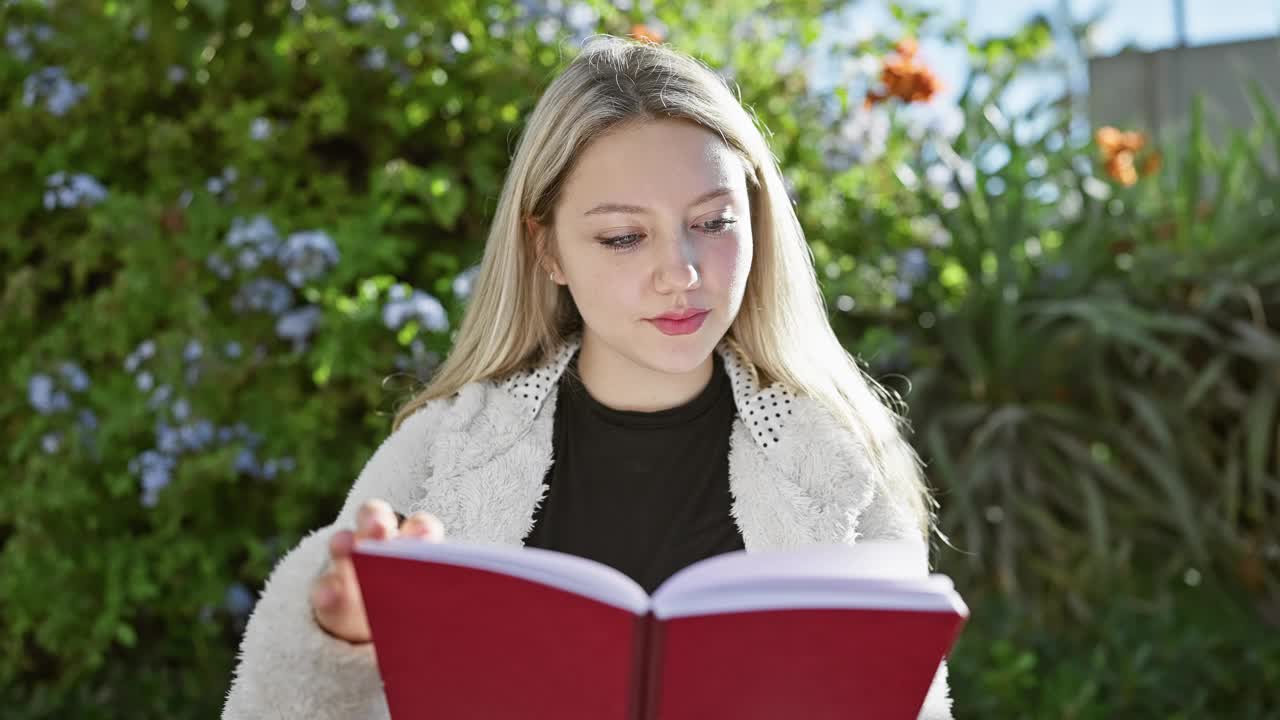 一个穿着舒适夹克的年轻金发女子在绿意盎然的户外读着一本红色的书。视频素材