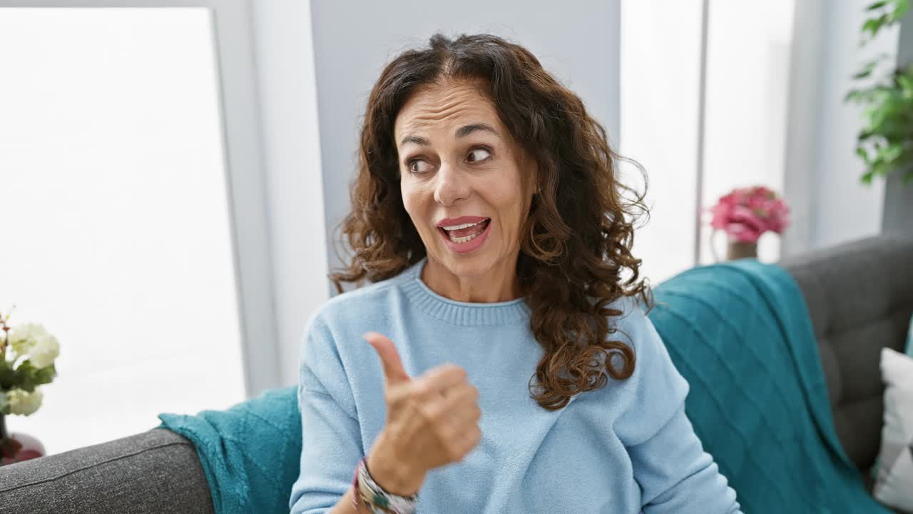 一位快乐的西班牙中年妇女，坐在家里的沙发上，积极地竖起大拇指指出自己的想法，她张开的嘴带着灿烂的微笑照亮了整个房间。视频素材