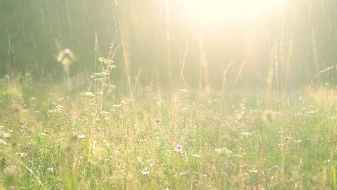 温暖的夏雨洒在开花的草地上视频下载