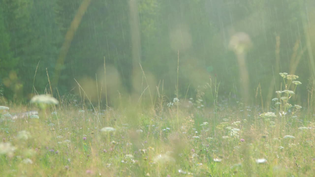 温暖的夏雨洒在开花的草地上视频下载