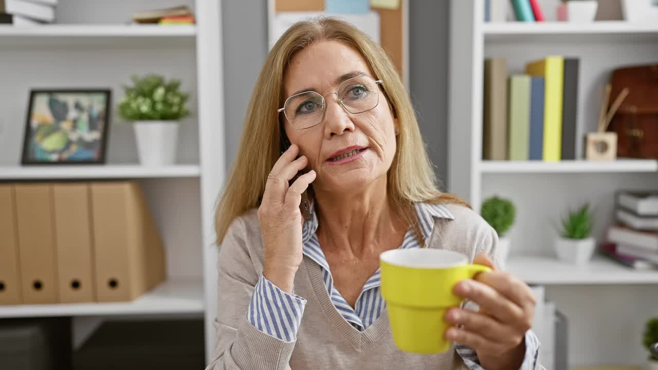 戴着眼镜的成熟金发女人在现代办公室里一边喝咖啡一边打电话。视频素材