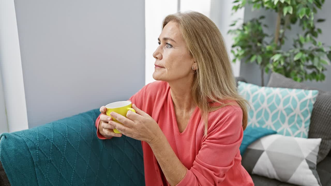 在现代客厅里，一个安静的女人坐在蓝绿色的沙发上享受着一杯茶。视频素材