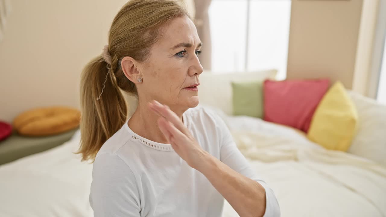 一个成熟的女人在她舒适的卧室里忍受着肩痛，卧室里摆满了五颜六色的枕头。视频素材