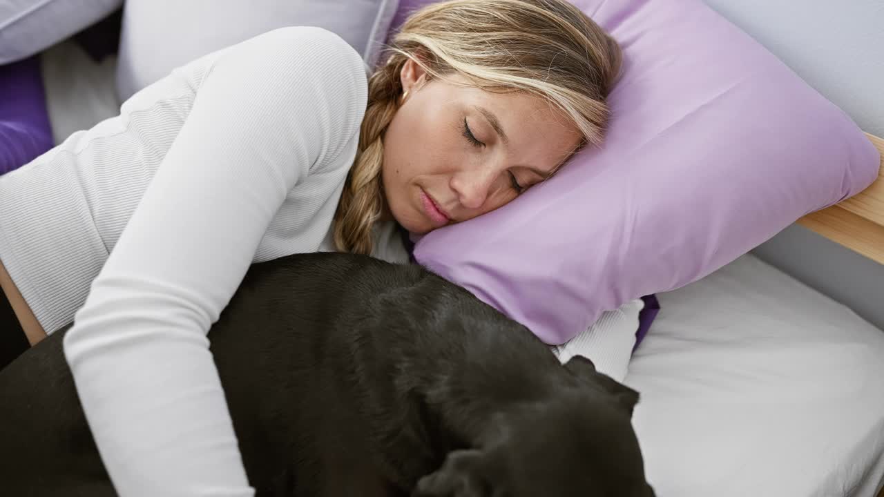 一位年轻女子和她的拉布拉多犬在室内的一张床上一起休息。视频素材