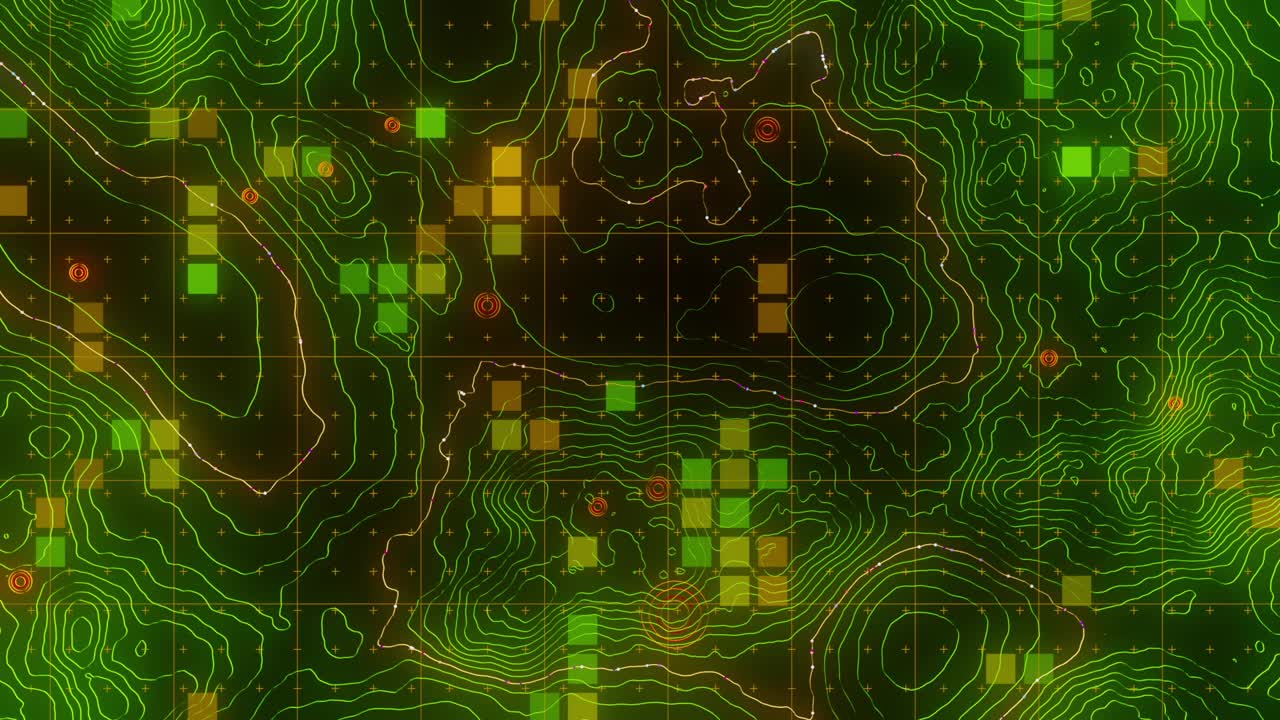 在地球表面的地图上，用等高线网格，图形三维视频，发光的方块周期性地亮起和熄灭视频下载