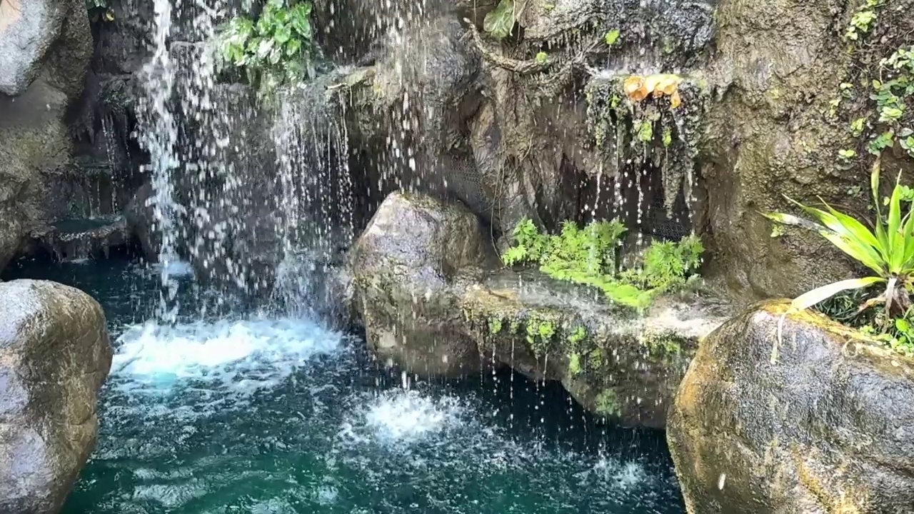 绿色花园中的小人工瀑布视频素材