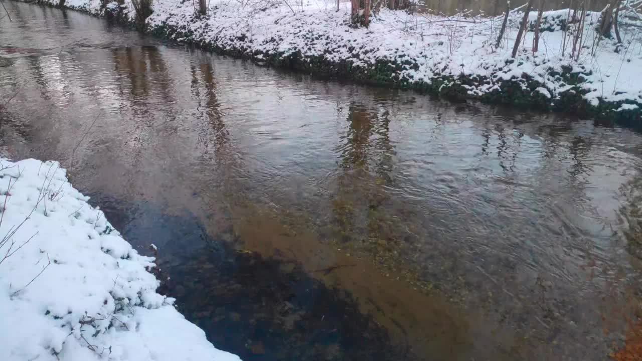 河流在寒冷的冬天被雪包围视频下载