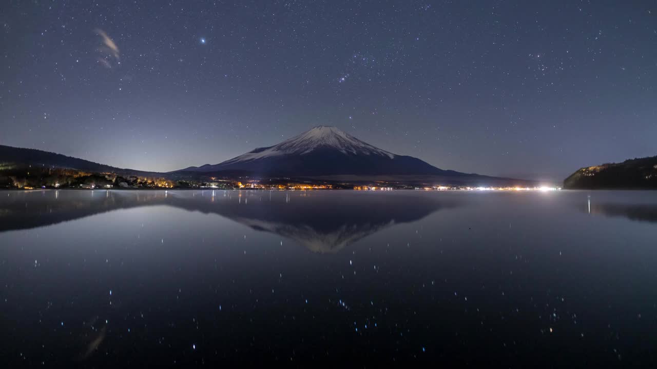 冬天的星空山中湖水面上反射出的延时视频下载