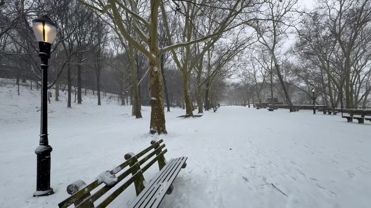 在纽约的一场冬季风暴中，雪落在河滨公园的一条长凳上视频下载