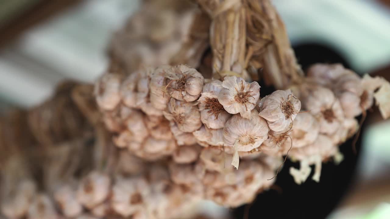 把白蒜挂在绳子上做饭用。视频下载