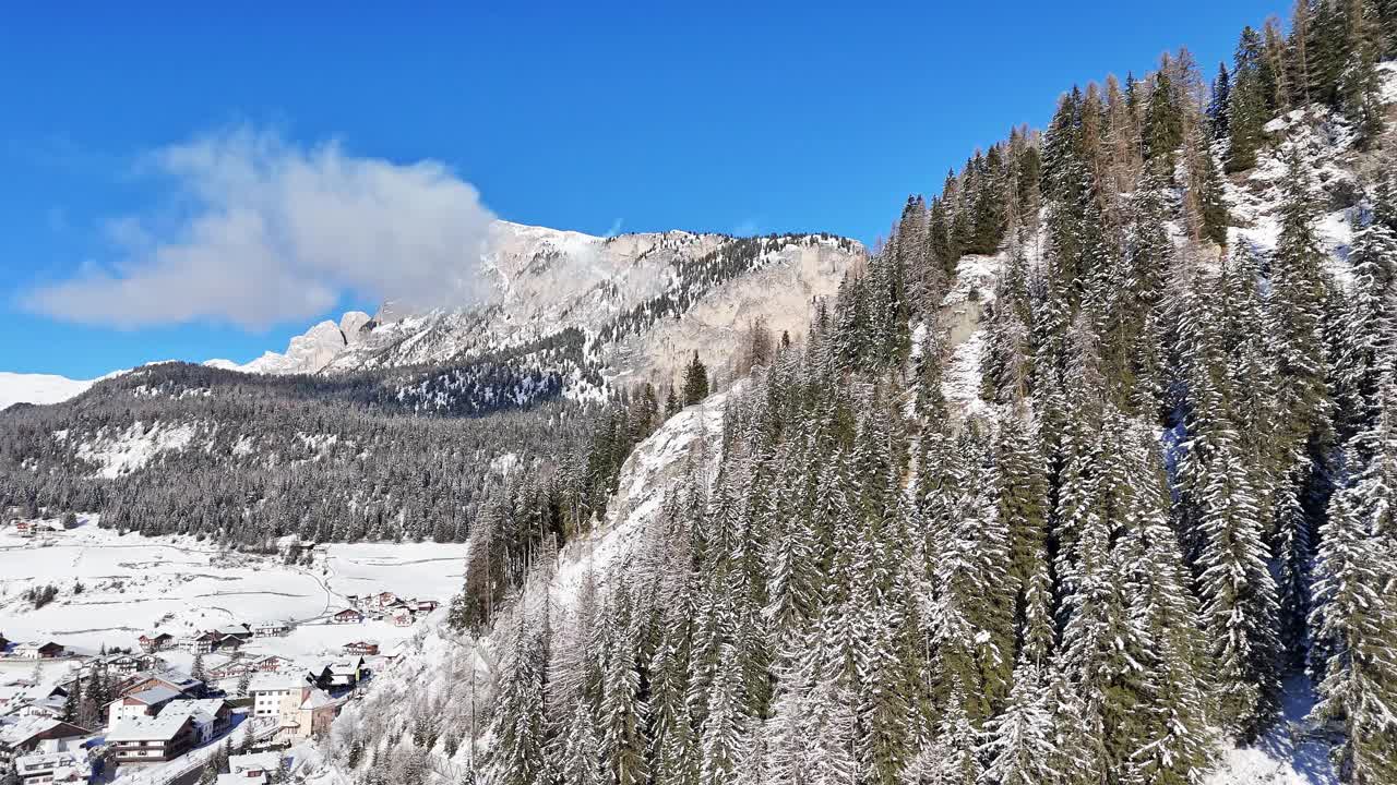 意大利加迪纳山的树木和房屋被雪覆盖视频素材