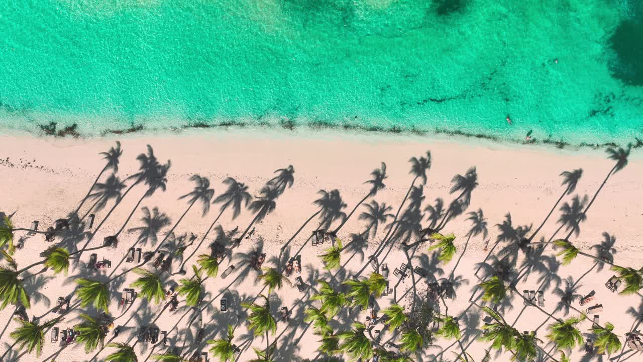 热带岛屿目的地的空中全景视图，棕榈树和绿松石海的异国情调的海滩和放松的人在沙滩上和水中的4k无人机视频视频素材