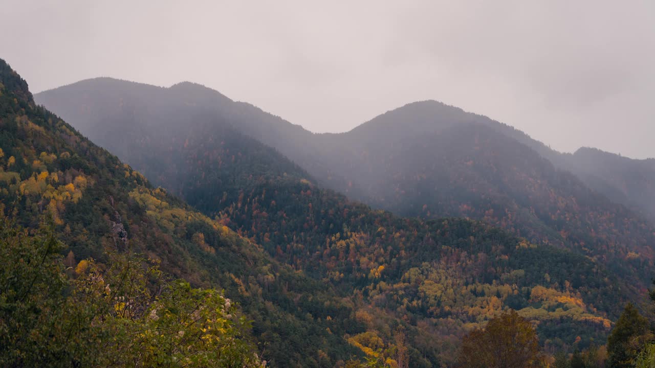 特写细节延时定单萨国家公园的山谷在一个多云，多雨和薄雾的冬天早晨，在秋天的季节，云层在山峰上翻滚视频素材