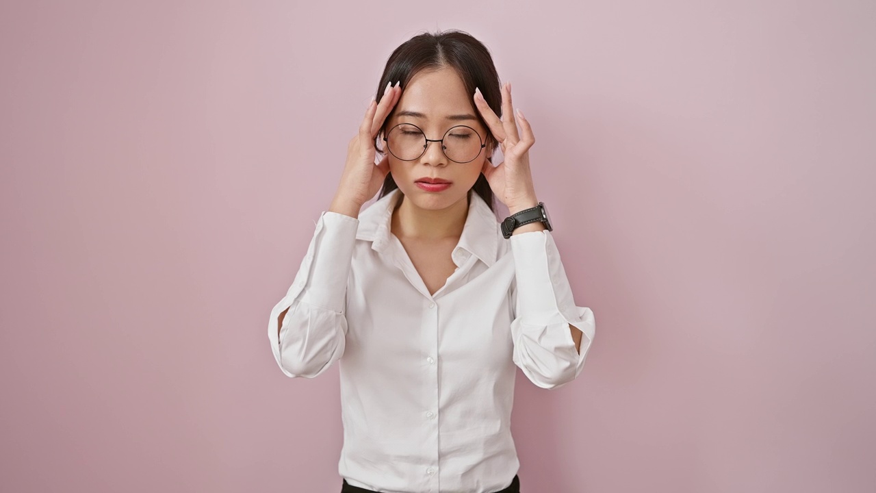 压力很大的年轻中国女人，戴着眼镜，患有痛苦的偏头痛。她双手抱头，孤立地站在粉红色的背景上，疼痛是她痛苦的大声宣告。视频素材