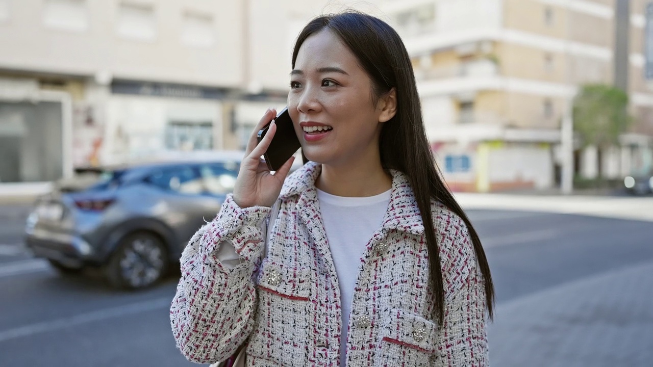 一位时尚的亚洲年轻女子在熙熙攘攘的城市中散步时，一边用智能手机聊天。视频素材