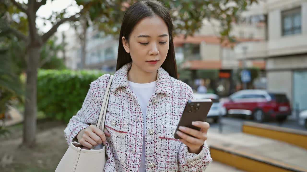 一名年轻的亚洲女子穿着休闲的服装走在城市街道上看手机。视频素材