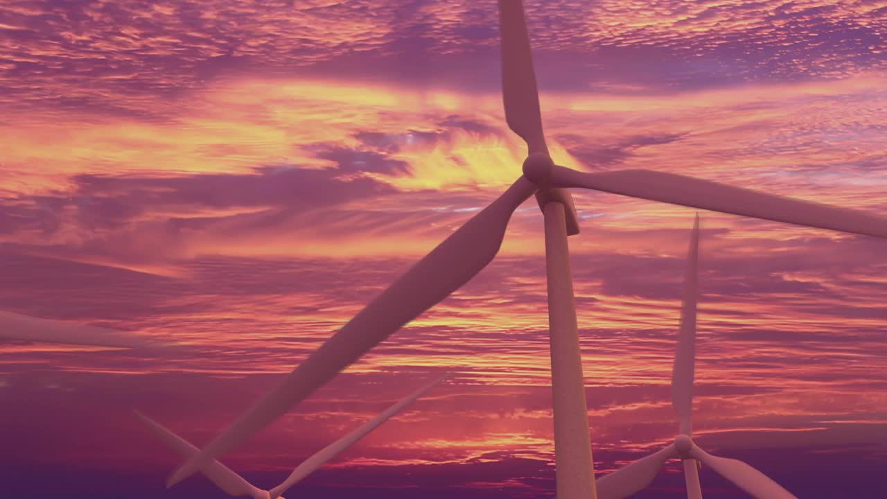 日落时风车的航拍特写，在风力的作用下旋转，以低碳、环保的方式为地球提供可再生能源。三维渲染视频下载