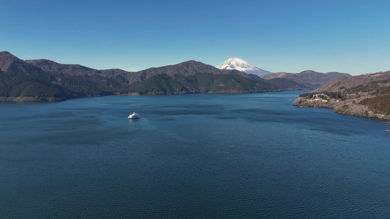 阿仕湖游船和富士山鸟瞰图视频素材