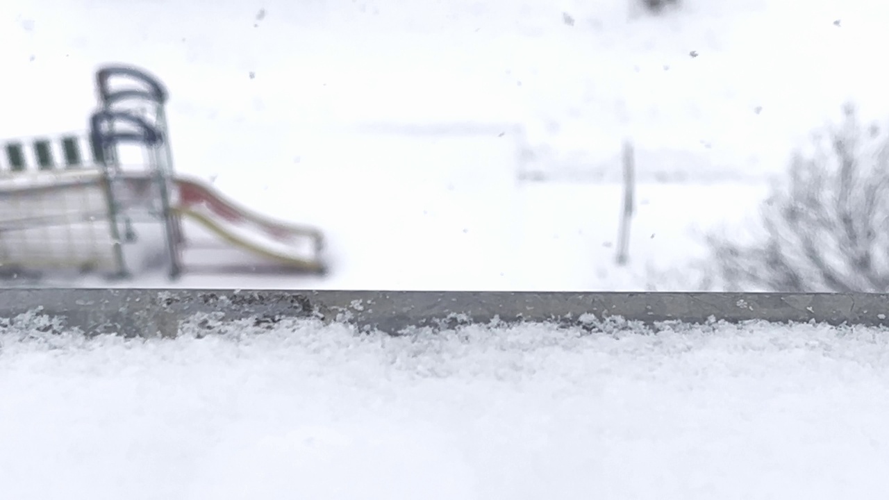 大白天就下雪了。雪花片片落在白色的天空上。视频素材