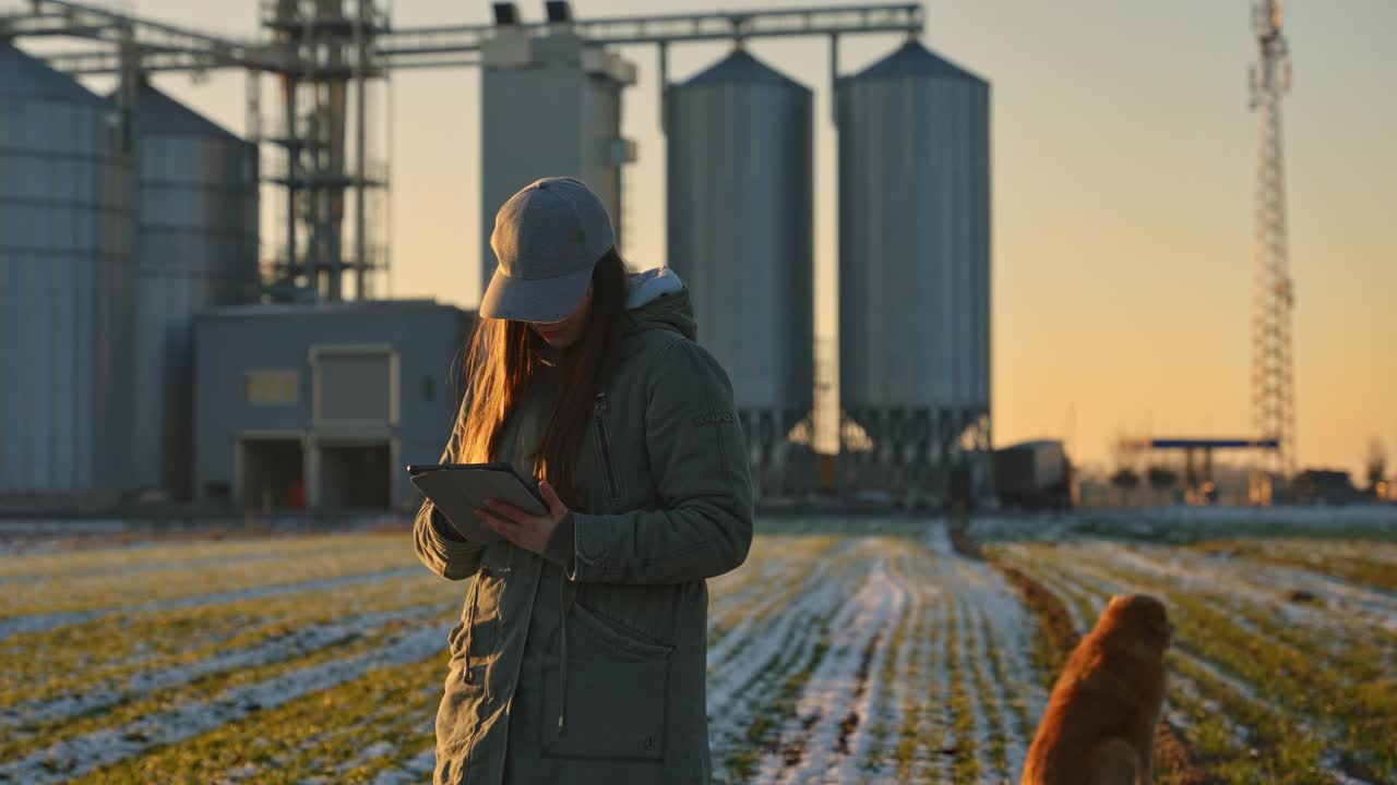 自信的年轻女性农学家手持数码平板电脑，双臂交叉站在雪地上，夕阳下的背景是筒仓视频素材