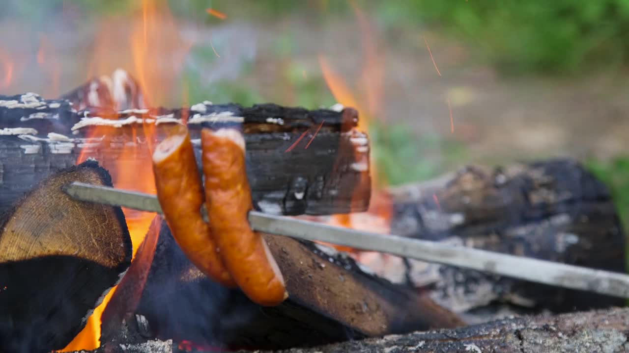 两根串在一起的香肠在火里烤着视频素材