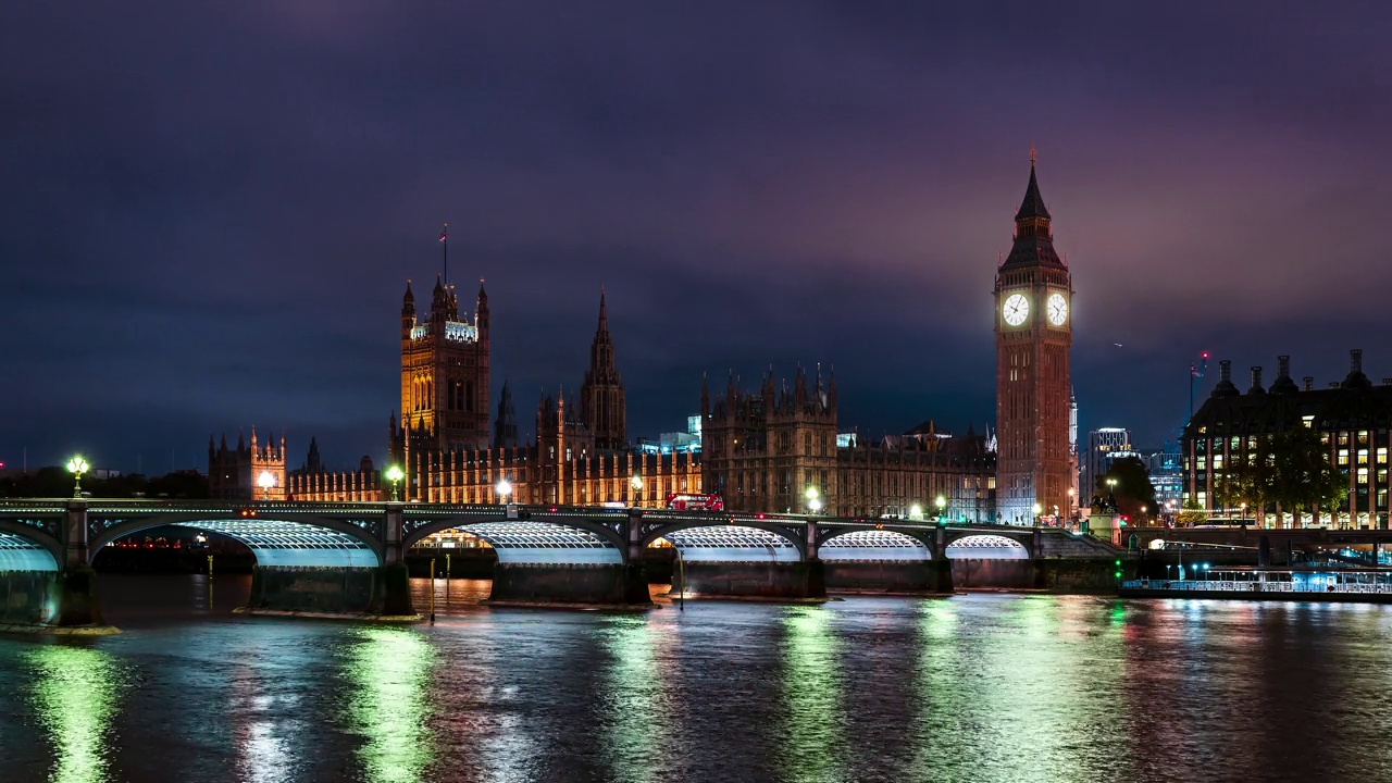 英国伦敦，大本钟和韦斯特米斯特大桥的夜景。视频下载