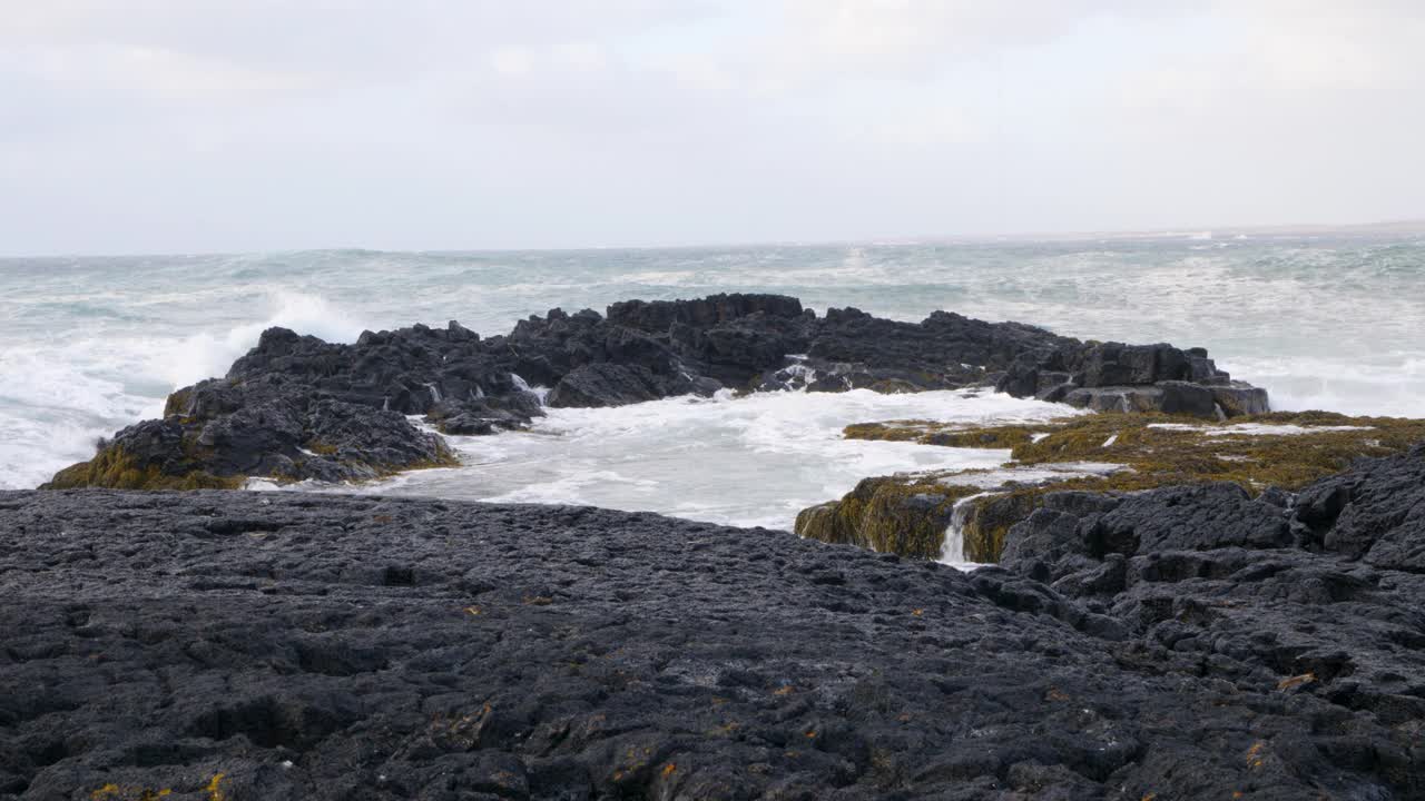 冰岛海岸的巨浪冲击着黑色玄武岩。宽阔的视野视频素材