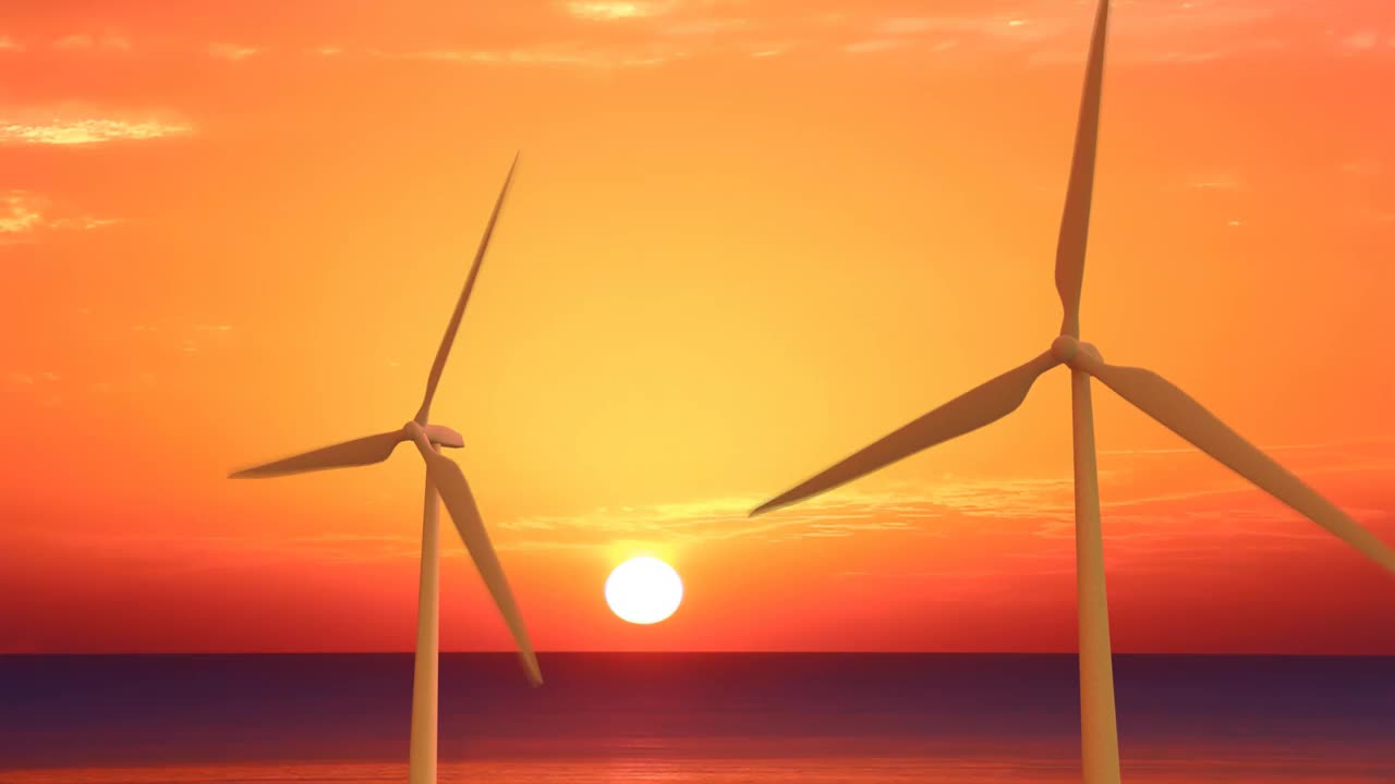 日落时风车的航拍特写，在风力的作用下旋转，以低碳、环保的方式为地球提供可再生能源。三维渲染视频下载