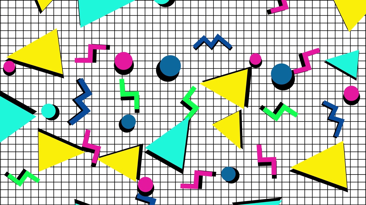 几何无缝图案在80年代风格的动画。抽象几何背景设计的社交媒体和广告。80 - 90年代风格的纸样。视频素材