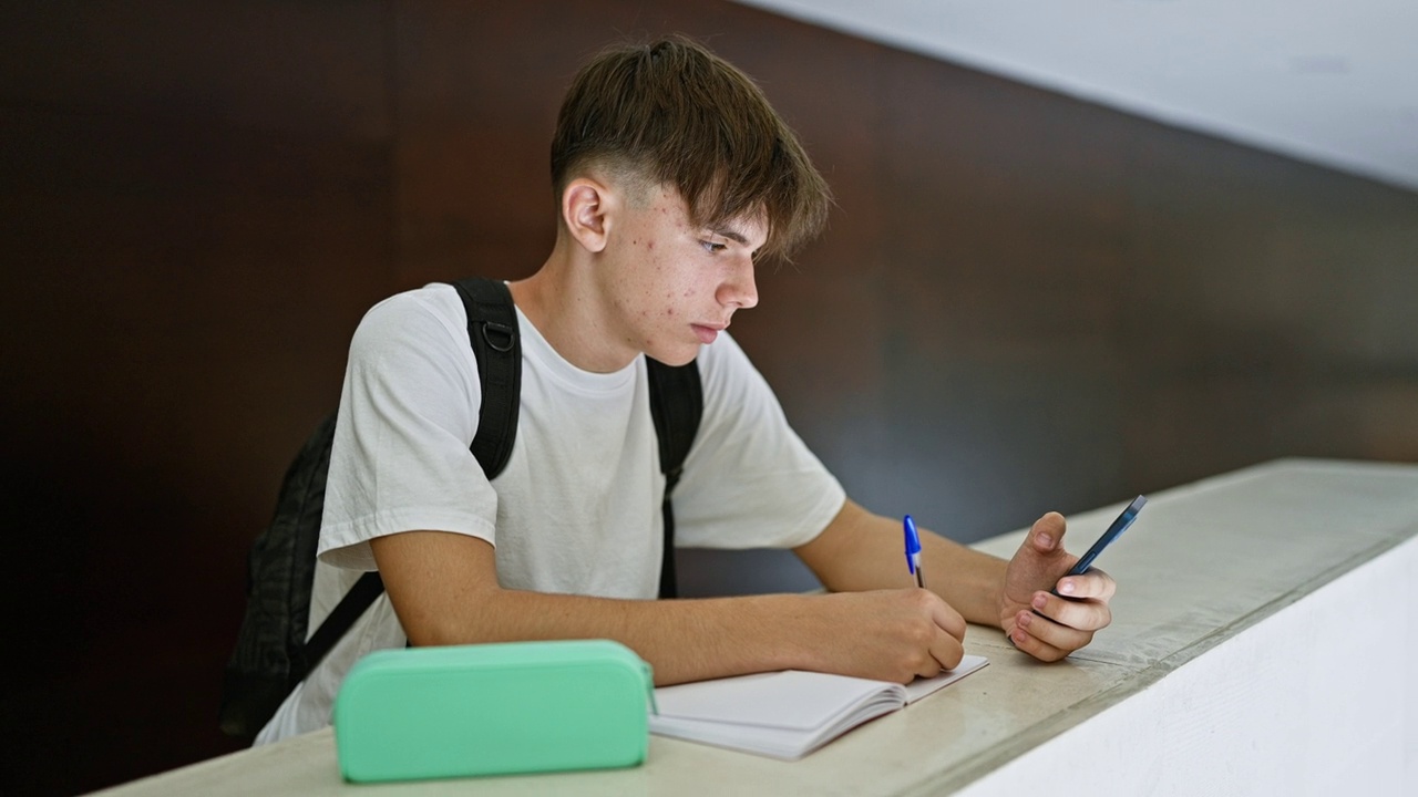 年轻的白人男学生在大学校园里用笔和笔记本学习。视频素材