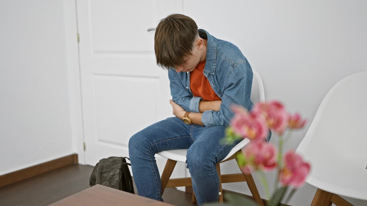 年轻的金发白人男性看起来不太舒服，坐在室内房间里，因为胃痛而弯腰驼背。视频素材