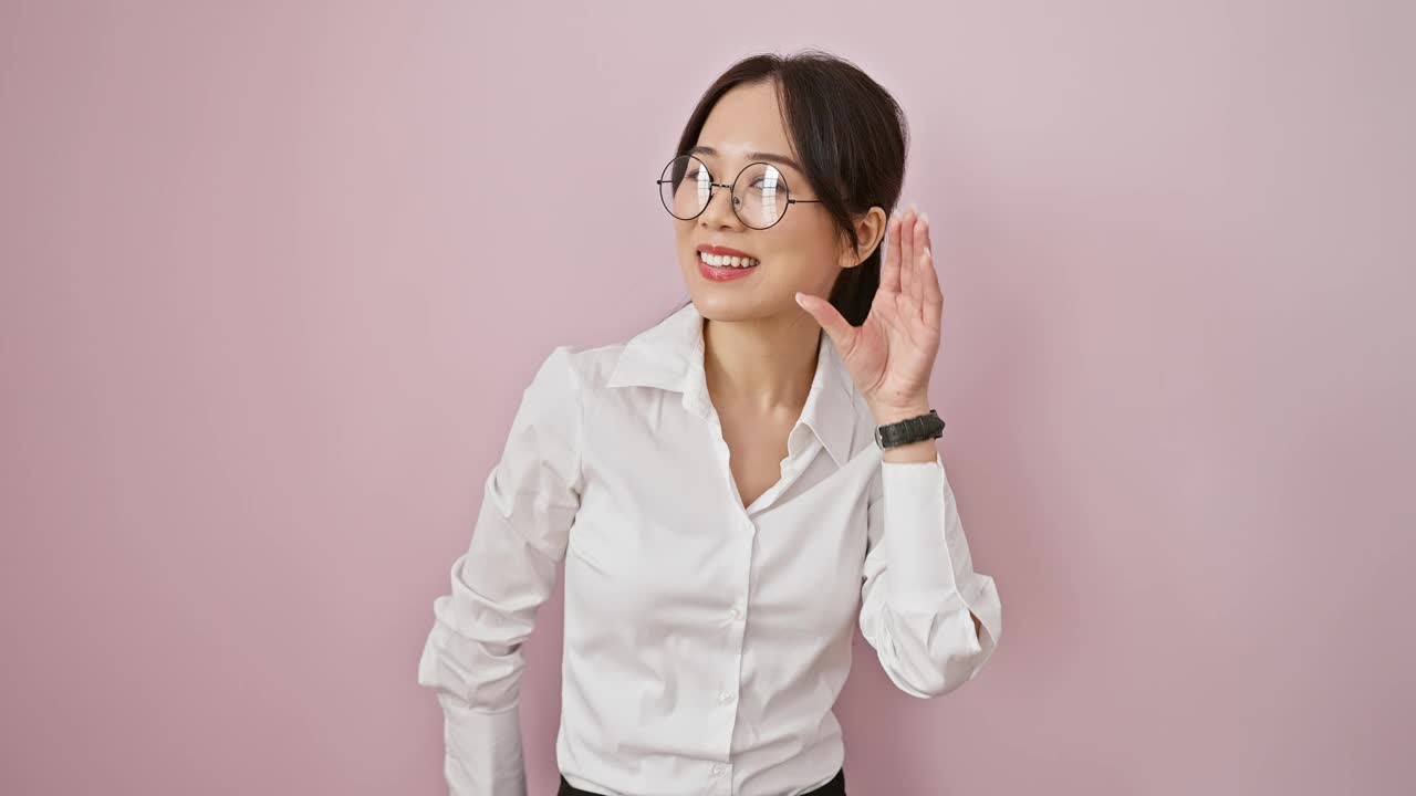 活泼的年轻中国女孩戴着眼镜，手托在耳朵上，敏锐地听着有趣的八卦;她耳聋的怪癖。粉红色孤立背景上谣言的回声视频素材