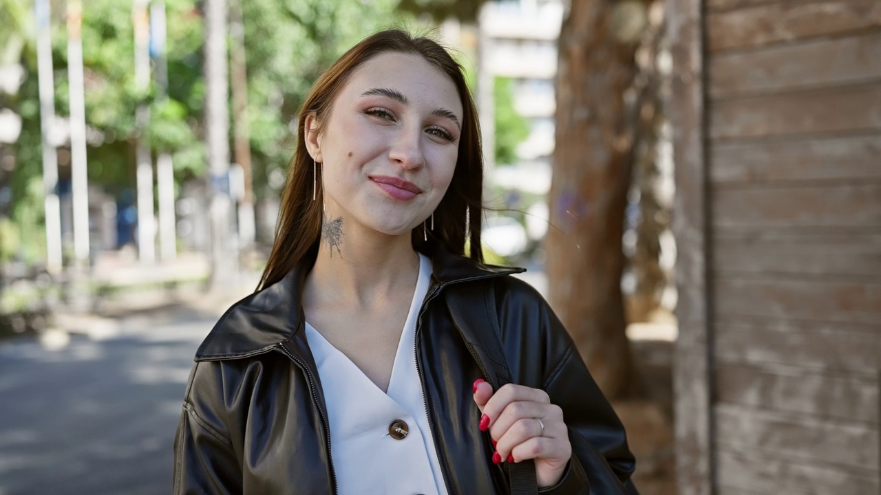 在城市的户外，一个微笑的年轻黑发女人，穿着皮夹克和白衬衫。视频素材