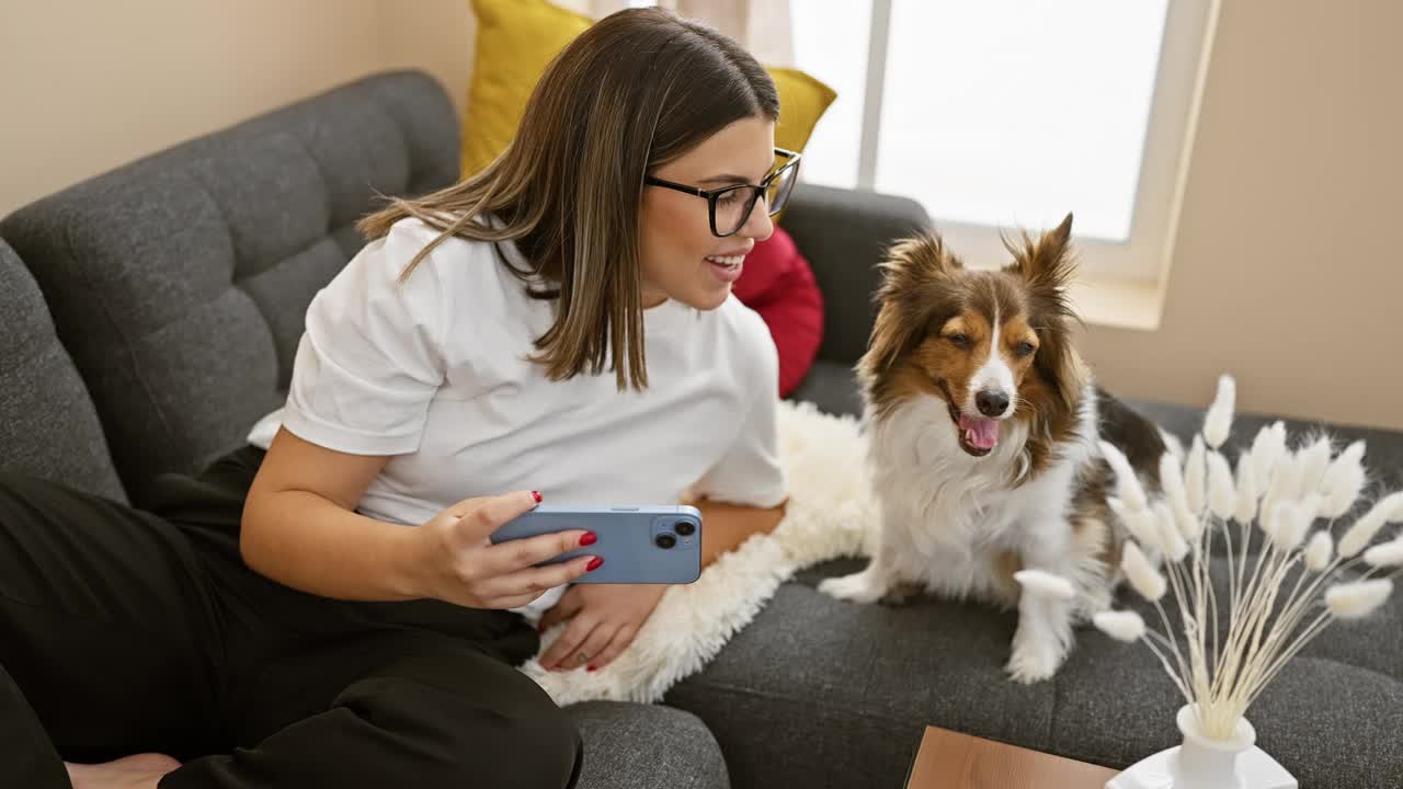 一名西班牙女子和她的设得兰牧羊犬在舒适的客厅里自拍，唤起了温暖和友谊。视频素材