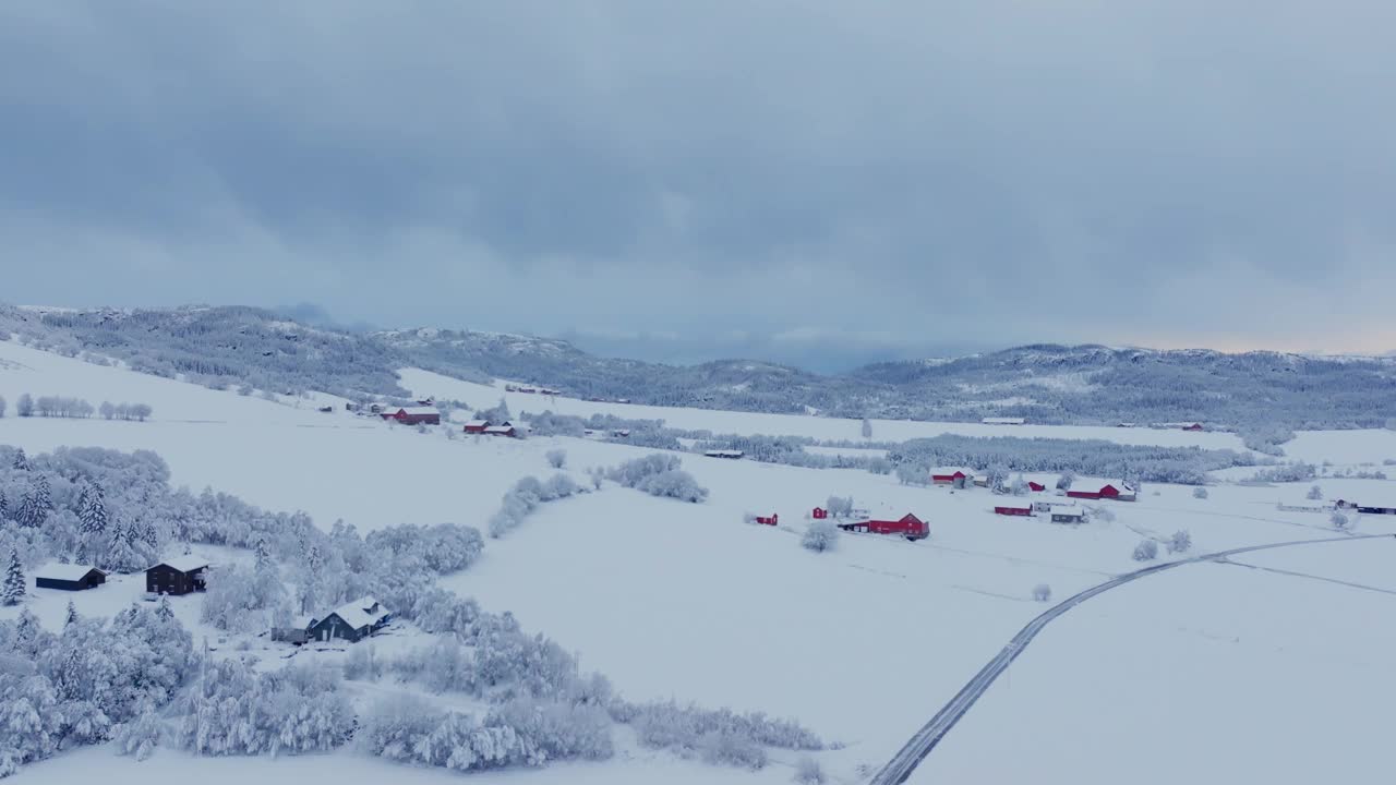 冬季航拍，挪威因德福森，小屋周围的树木被雪覆盖视频素材