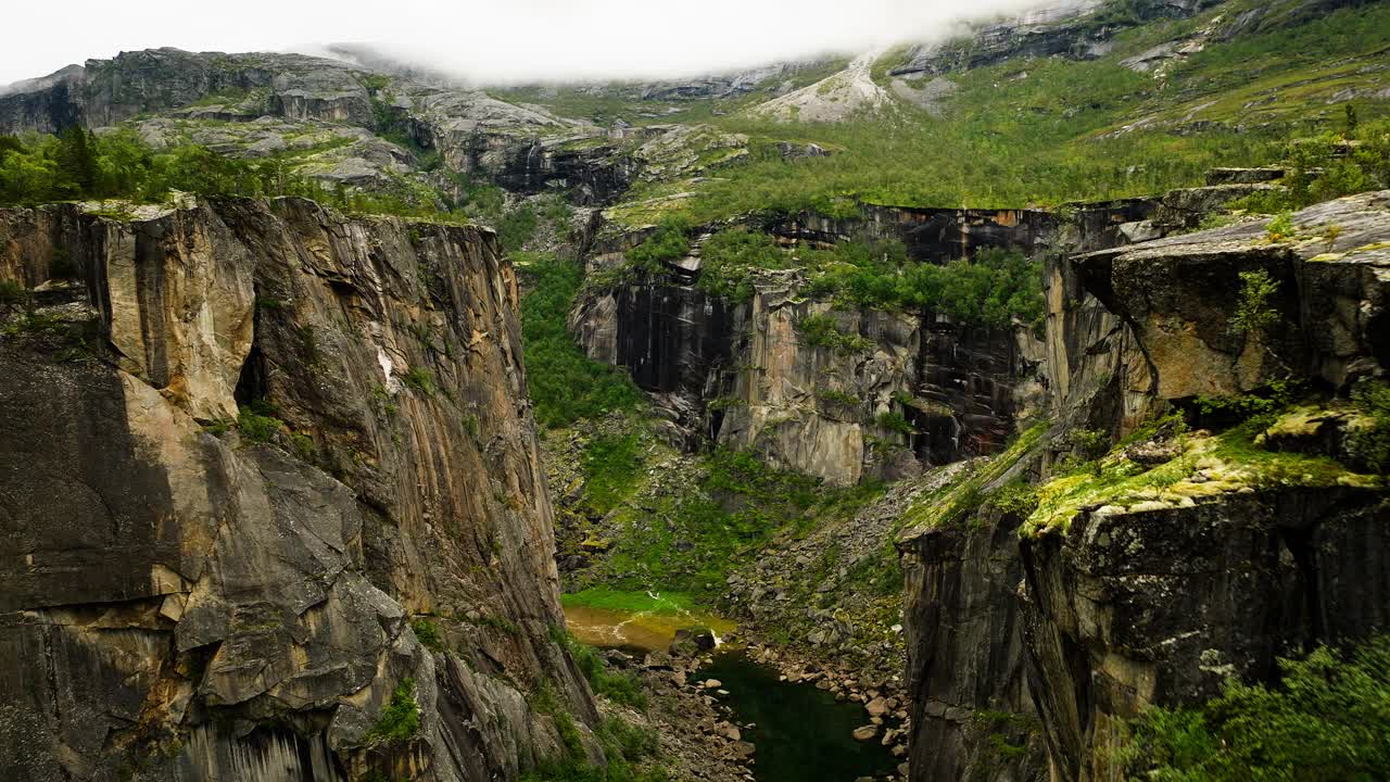 挪威北部helmojuvet峡谷的侵蚀和陡峭的岩石悬崖。-航拍视频素材