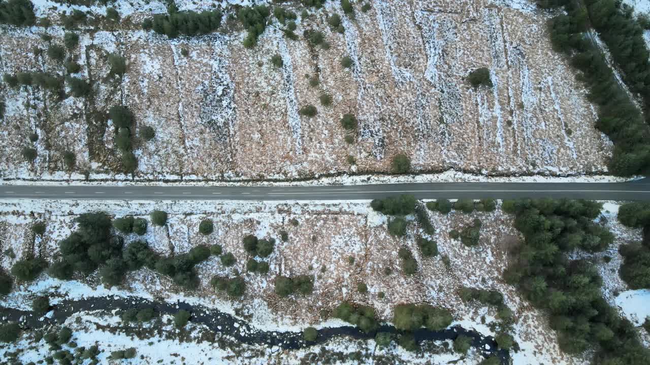 鸟瞰图，一辆孤零零的红色汽车行驶在积雪覆盖的道路上，道路两侧是冬天的树木视频素材