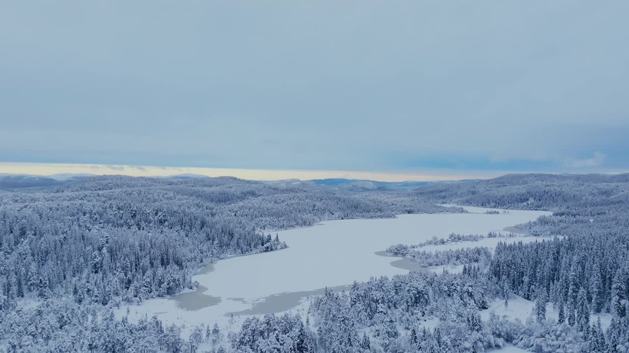 冬季景观与针叶林覆盖在雪在inderfosen，挪威-航拍视频素材