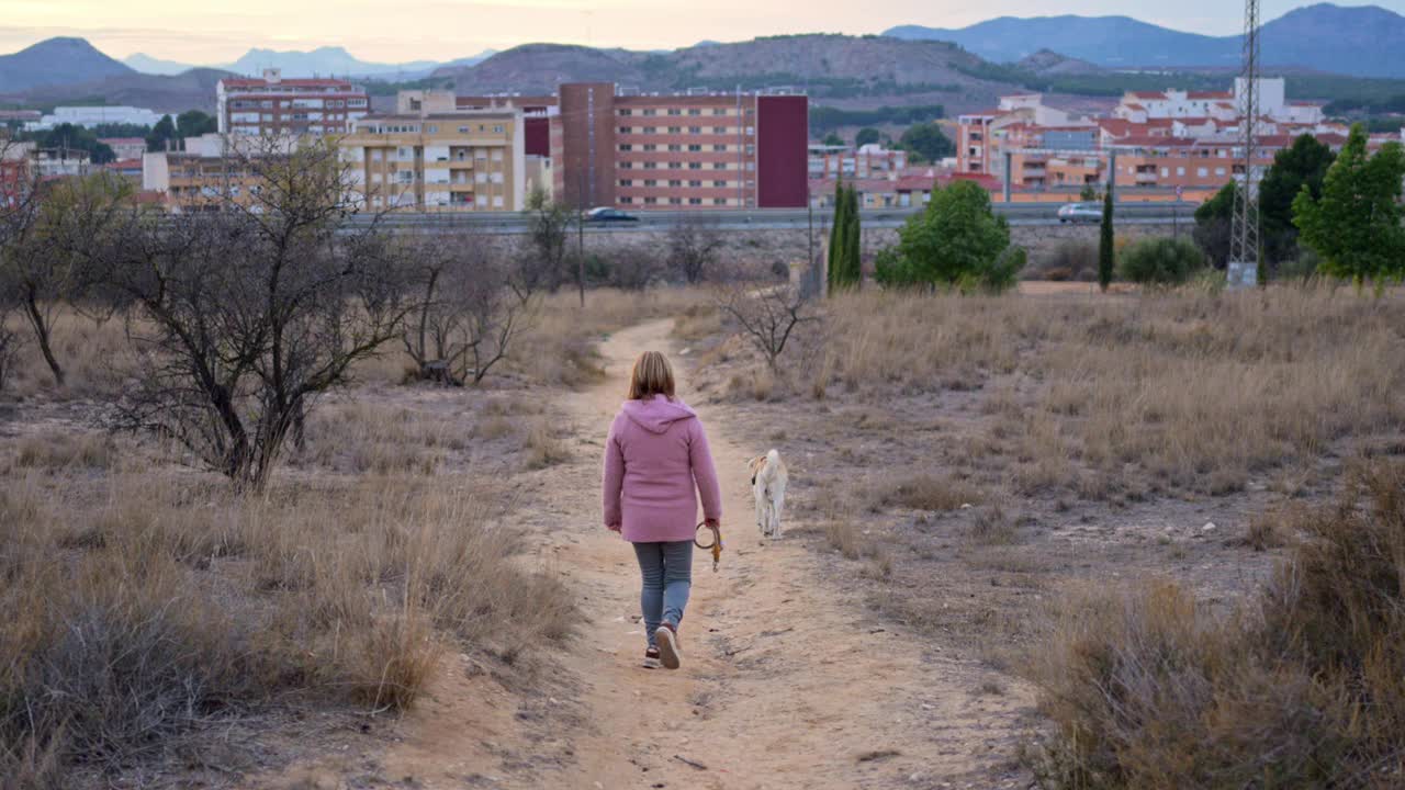 黄昏时分，女人带着她的狗走在城市建筑附近尘土飞扬的小路上视频素材