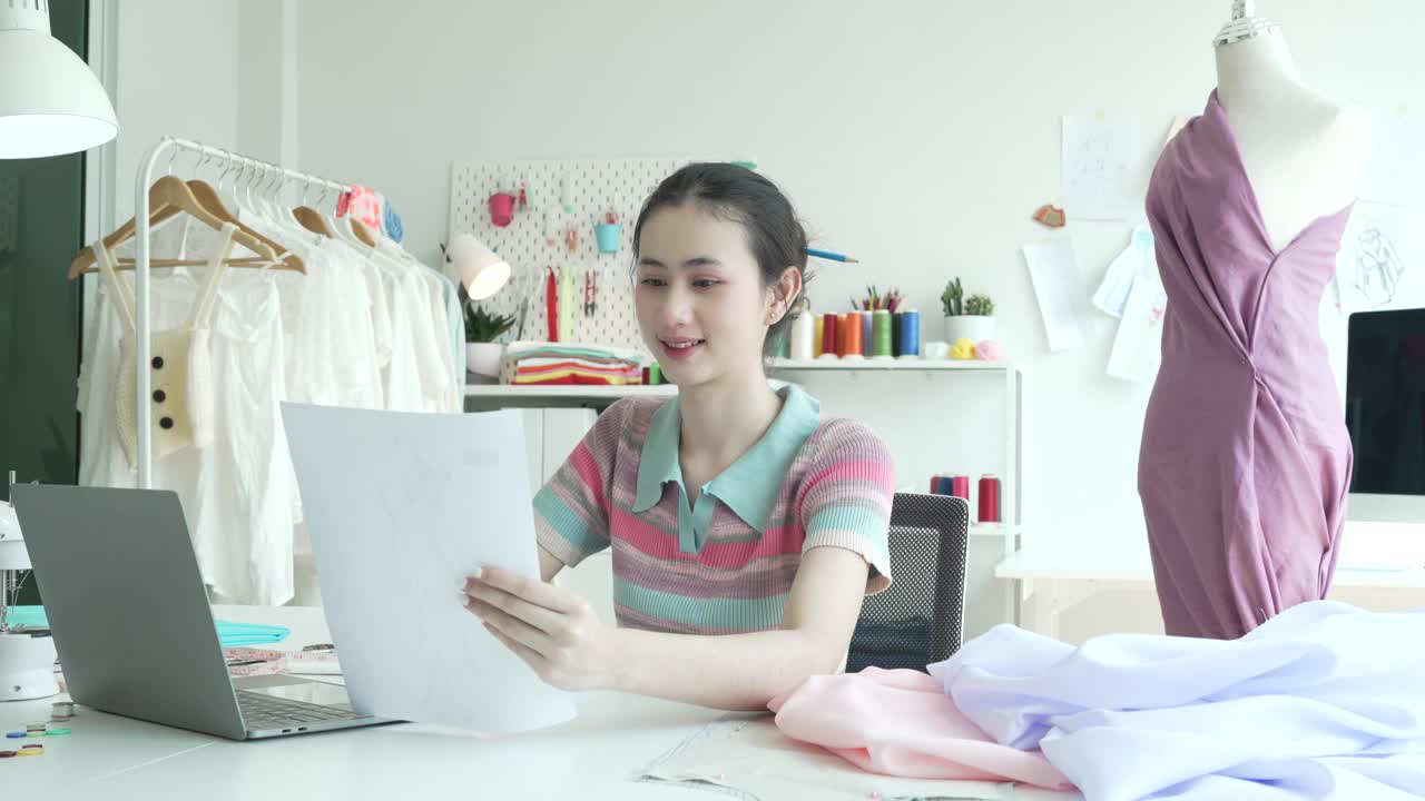 一位快乐的女企业家正在她的工作室里根据自己的设计制作新的服装系列。视频下载