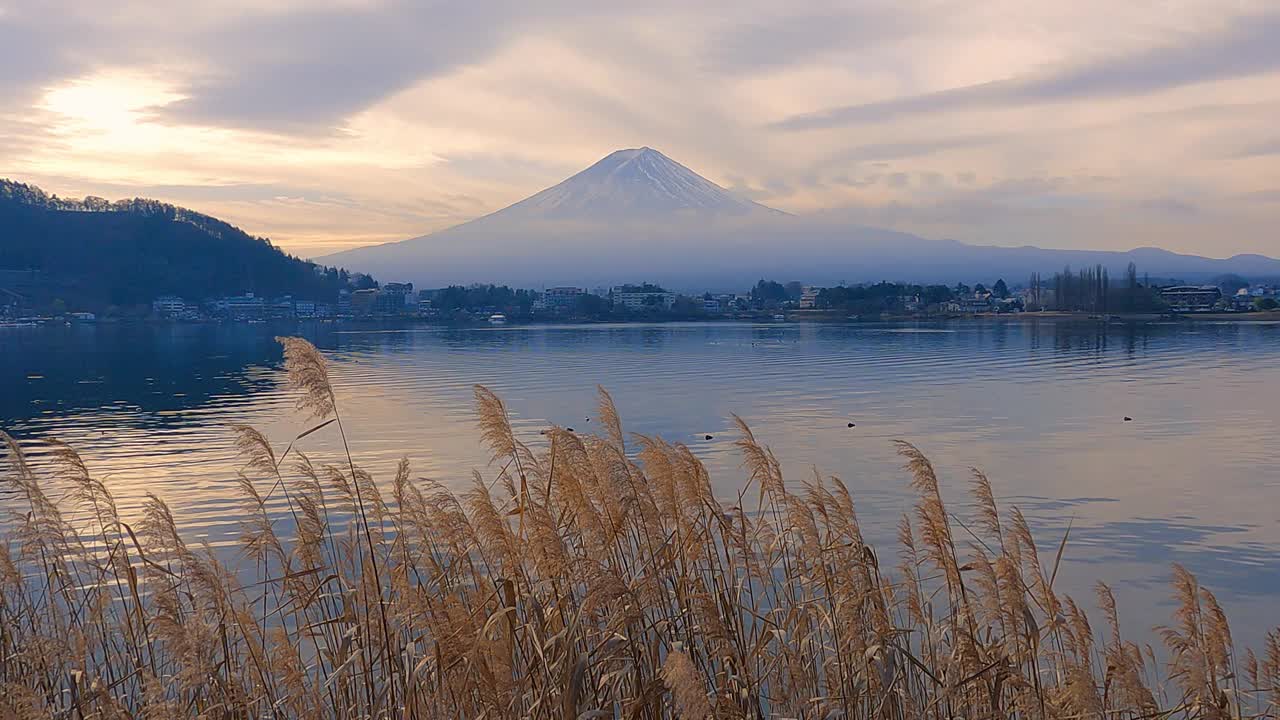 富士山的前景是美丽的天空和一个湖。用运动相机拍摄的视频素材