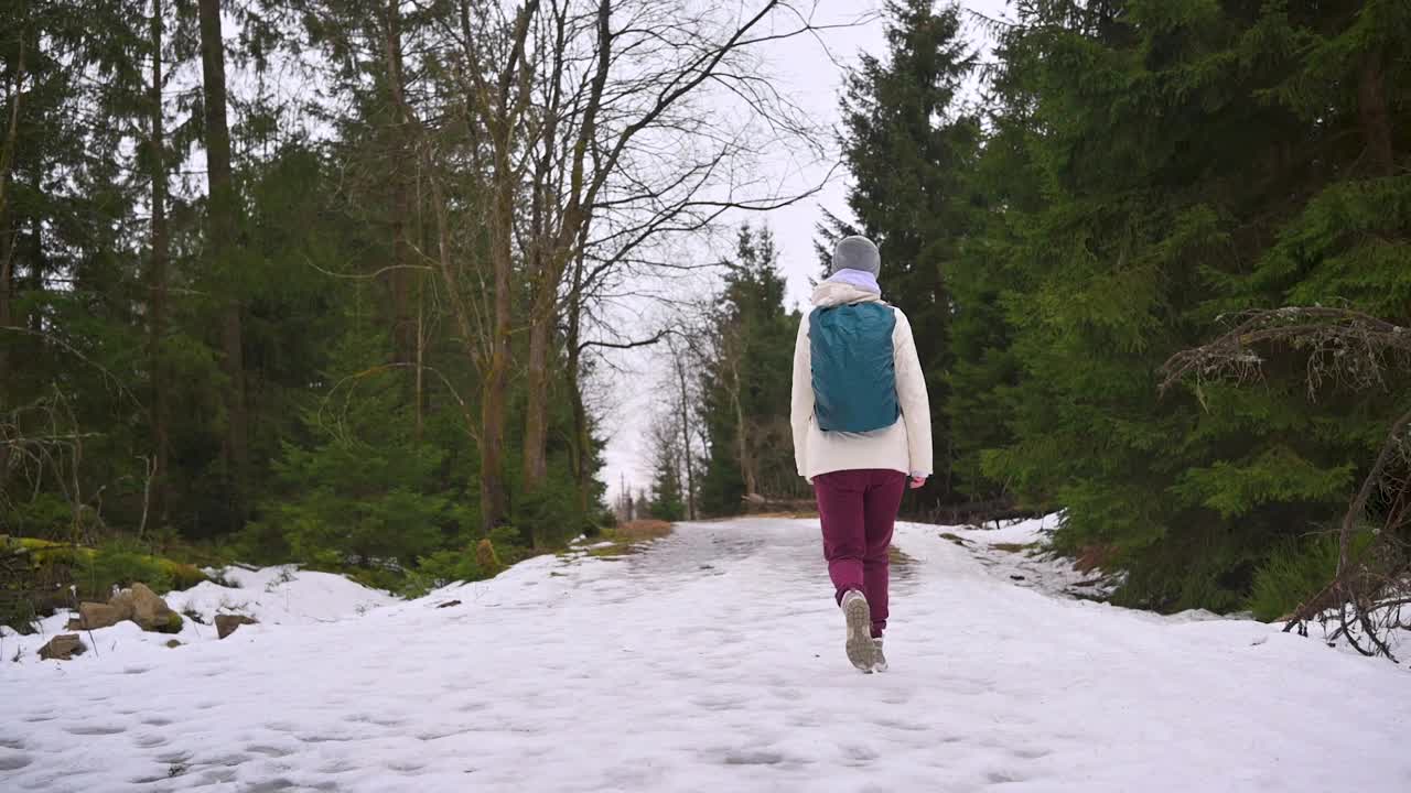 一个独自徒步旅行的女人的后视图，她独自走在一条被雪覆盖的小路上，穿过针叶林视频下载