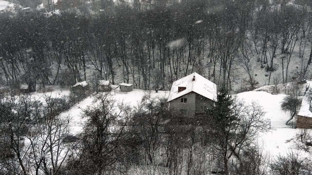 暴风雪的背景是森林和房屋。在冬天拍摄。视频素材