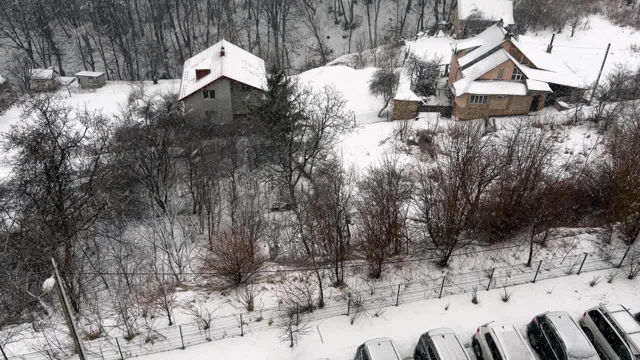 暴风雪的背景是森林和房屋。在冬天拍摄。视频素材