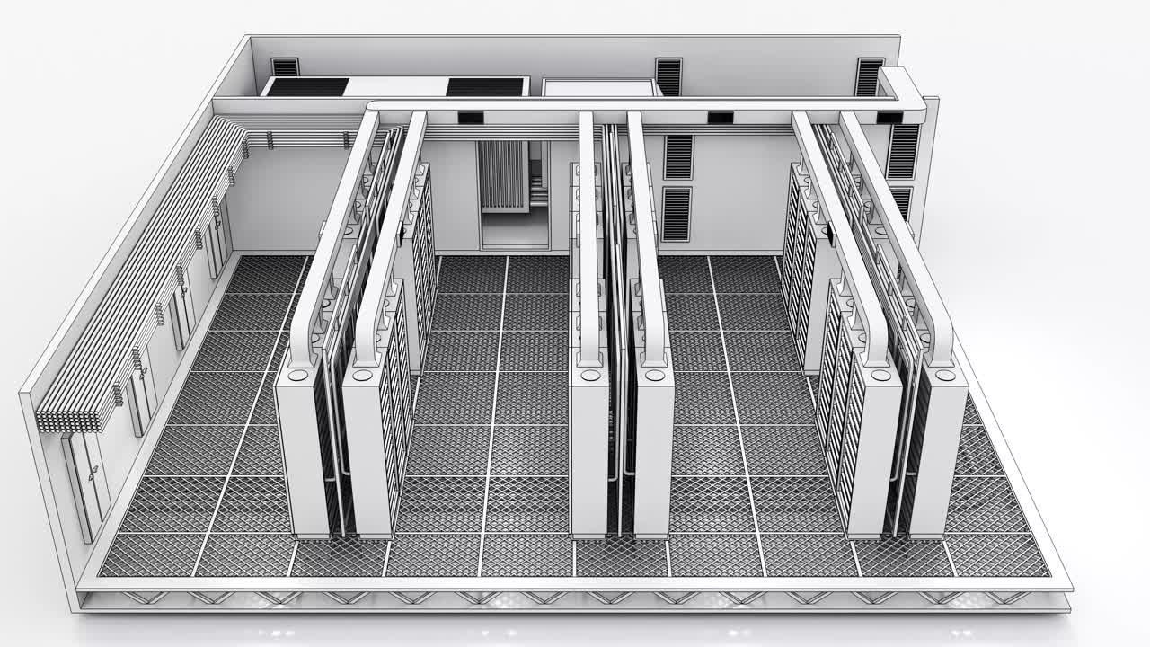 等距数据中心，矿场，服务器机房，服务器机架旋转视频下载