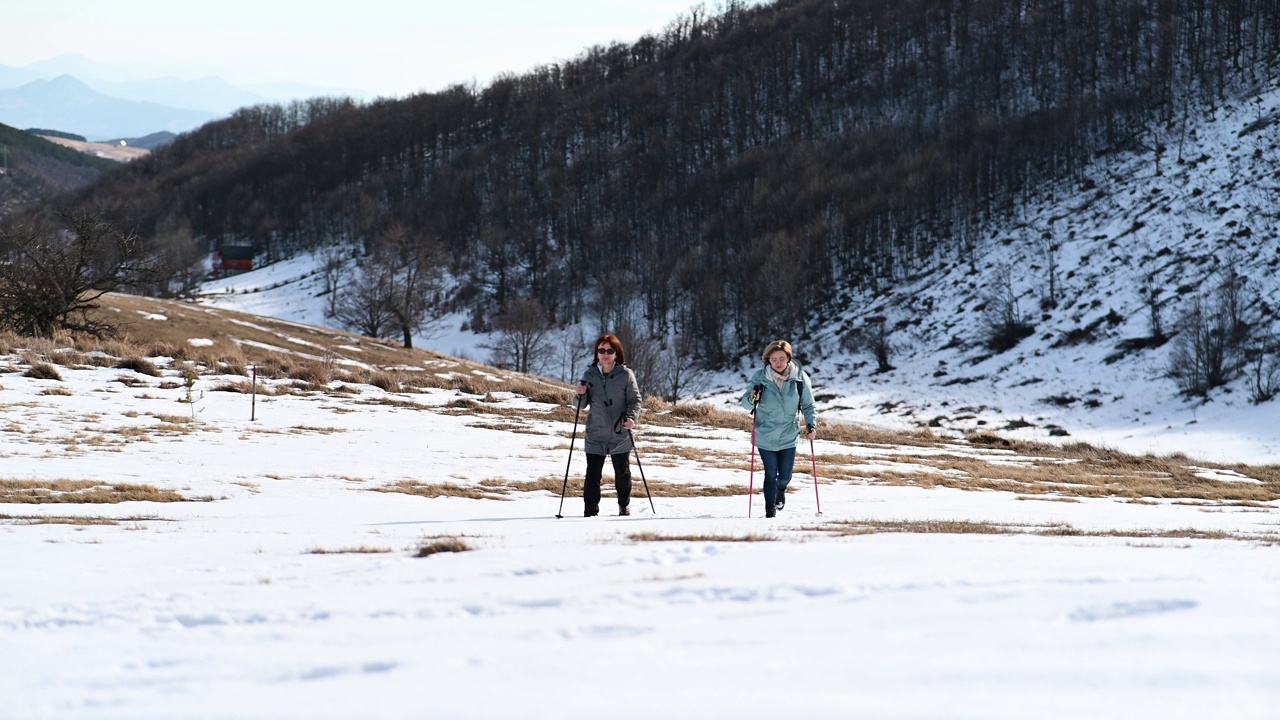 一对女夫妇在雪地里徒步旅行视频下载