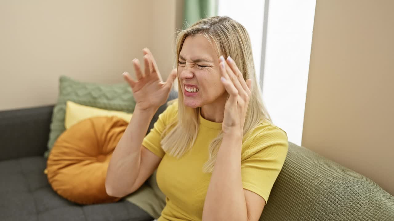 压力很大的年轻金发女子在家里忍受着痛苦的偏头痛，手放在头上，悲伤地穿着t恤进入室内。视频素材